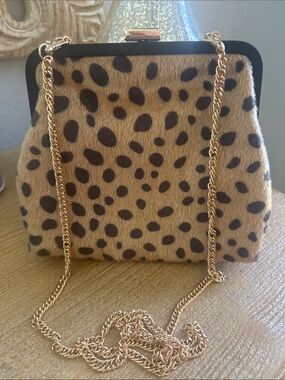 Leopard Print Faux Fur Frame Shoulder Bag with Gold Chain